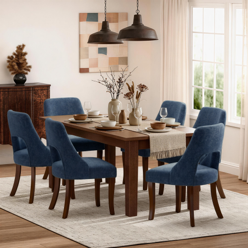 Set of 2 Navy Tufted Chenille Dining Chairs, Curved Rubberwood Legs 300lbs Capacity Space Saving Compact Design