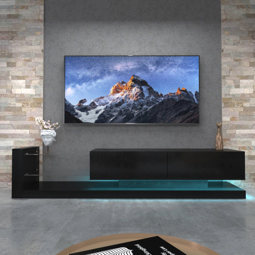 70 Inch Black Modern LED TV Stand Built-In Power Strip Tempered Glass Media Console for 75 Inch TV