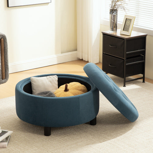 29.33 inch Blue Fleece Round Storage Ottoman, Hand Buckle Decor Reversible Lid Footstool, 300 LBS