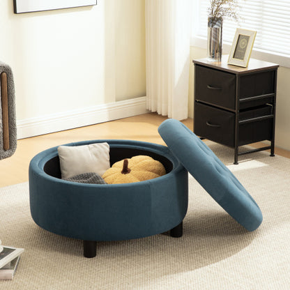 29.33 inch Blue Fleece Round Storage Ottoman, Hand Buckle Decor Reversible Lid Footstool, 300 LBS