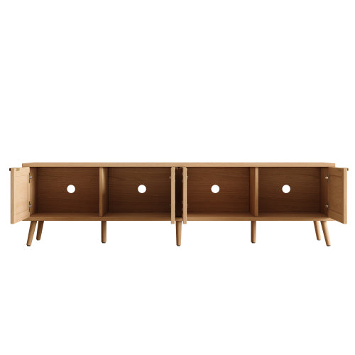 70.87 inch Natural Wood 4-Door PE Rattan TV Stand Media Console With Cable Holes For 80 inch TV