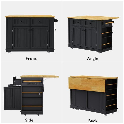 48inch Kitchen Island with 2 Bar Stools, Power Outlet, Internal Storage Rack, Kitchen Storage Cart on 5 Wheels with Drop Leaf, 5 Open Side Racks, Drawers, Black (Old SKU N707S000015B)(Three Packages)