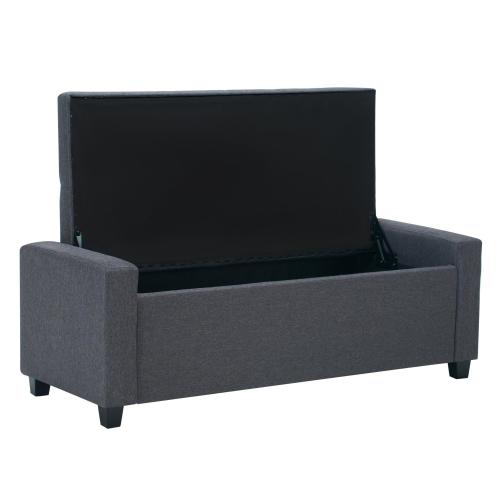 48 inch Grey Faux Linen Tufted Storage Bench, Safety Hinge Armrest Ottoman for Bedroom Entryway Living Room