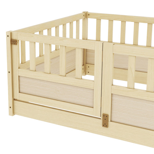 Twin Size Floor bed, integral construction with super high security barrier, door, children's floor bed frame, Montessori wooden children's floor bed,Natural Wood