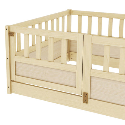 Twin Size Floor bed, integral construction with super high security barrier, door, children's floor bed frame, Montessori wooden children's floor bed,Natural Wood