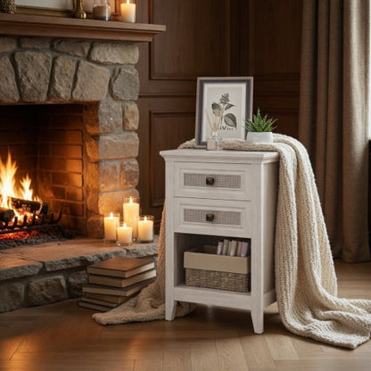 17.7" White Rattan Nightstand - Boho Bedside Table w/ 2 Drawers & Shelf