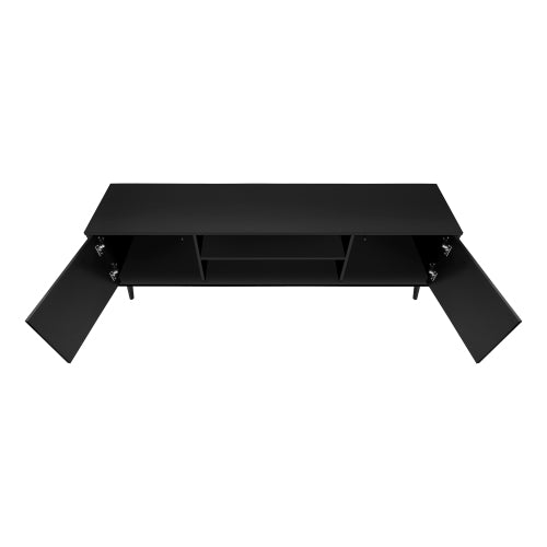 72 Inch Brown Black Grooved TV Stand with Black Wood Legs & Dual Cable Holes