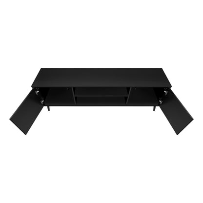 72 Inch Brown Black Grooved TV Stand with Black Wood Legs & Dual Cable Holes