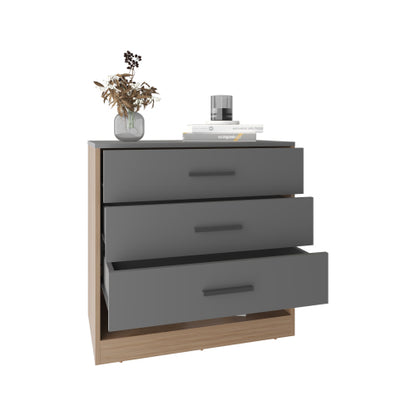 27" High Three Drawer Dresser And Open Shelf, Bedroom, Entryway, Side Board, Matte Gray - Natural Oak