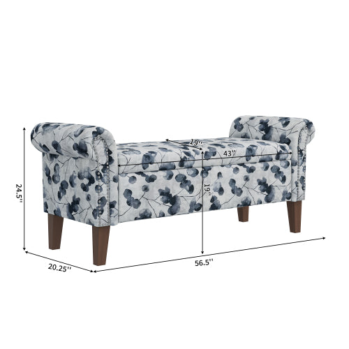 Traditional Rolled Arm Storage Bench Ottoman with Pewter Nailhead Trim in Black Floral with Dark Brown Solid Wood Legs