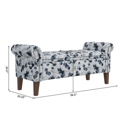 Traditional Rolled Arm Storage Bench Ottoman with Pewter Nailhead Trim in Black Floral with Dark Brown Solid Wood Legs
