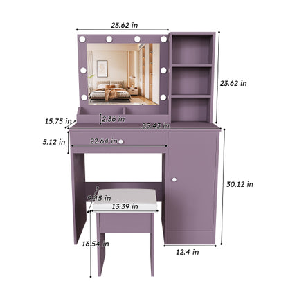 Purple Vanity Desk Set with Padded Stool & Adjustable Lighted Mirror, 8 Round Bulbs, 3 Color Modes, Modern Bedroom
