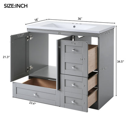 36 inch Shaker Style Free-Standing Bathroom Vanity Cabinet with Ceramic Sink, 4 Soft-close Drawers and 2 Soft-close doors