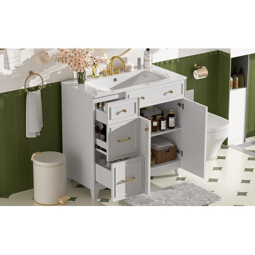 36" Bathroom Vanity with Ceramic Sink, Standard and Double-Layer Drawers, Soft Close Doors, Adjustable Shelves, Modern Storage Cabinet for Small and Medium Bathrooms