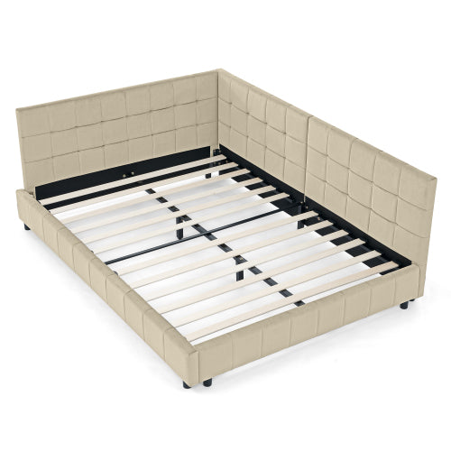 Full Size Upholstered Tufted  Bed Frame, Sofa Bed Frame with Comfortable Backrest and Armrests, Full Size Bed for Bedroom, Living Room,Velvet, NEW BEIGE(80.5inch *59inch *30.5inch )