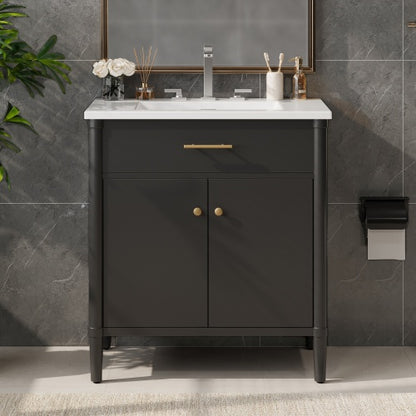 31" Bathroom Vanity with Sink, Bathroom Cabinet with Soft Close Doors and Adjustable Shelf, Curved Profile Design, Rubber Wood Legs, Black