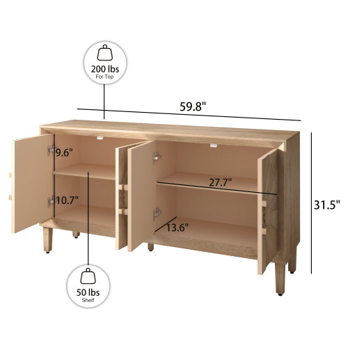 60 Inch American Farmhouse Retro Wooden Credenza Sunburst Pattern Door Adjustable Shelf Heavy-Duty TV Stand