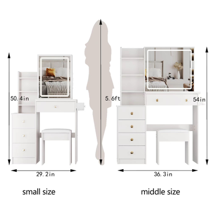 29.2inch  Small Size Left Bedside Cabinet Vanity Table + Cushioned Stool, 2 AC+2 USB Power Station, Hair dryer bracket, Extra Large Touch Control Sliding LED Mirror, Tri-color Switching, Brightness Adjust