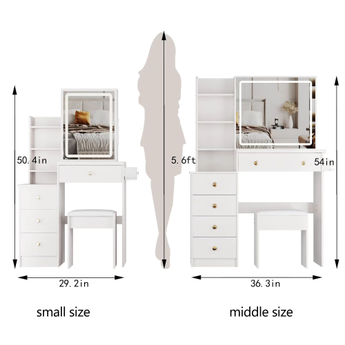 29.2inch  Small Size Left Bedside Cabinet Vanity Table + Cushioned Stool, 2 AC+2 USB Power Station, Hair dryer bracket, Extra Large Touch Control Sliding LED Mirror, Tri-color Switching, Brightness Adjust