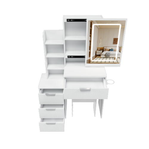 White LED Lighted Makeup Vanity Table with 4 Drawers & Shelves, Power Outlet, Dryer Holder & Chair, Modern Bedroom Dresser