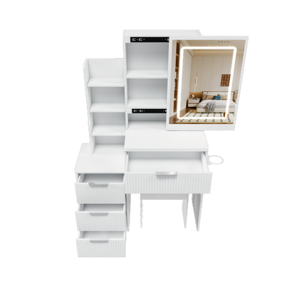 White LED Lighted Makeup Vanity Table with 4 Drawers & Shelves, Power Outlet, Dryer Holder & Chair, Modern Bedroom Dresser