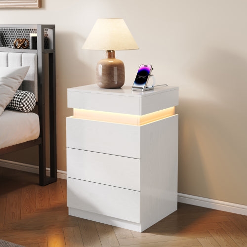 White Sliding-Top Nightstand with Charging Station & RGB LED Light, 3-Drawer APP Control Bedside Table