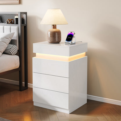 White Sliding-Top Nightstand with Charging Station & RGB LED Light, 3-Drawer APP Control Bedside Table