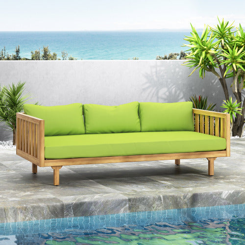 Acacia Wood Patio Furniture Set,Outdoor 3 Seater Daybed(with Water Resistant Thick Cushions)and Round Coffee Table, Green Cushion