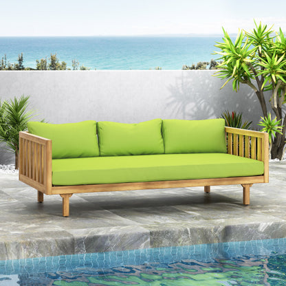Acacia Wood Patio Furniture Set,Outdoor 3 Seater Daybed(with Water Resistant Thick Cushions)and Round Coffee Table, Green Cushion