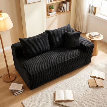Black Corduroy Leg-Free Floor-Hugging Compressed Armless 2-Seater Loveseat Sofa for Small Apartment Living-Room
