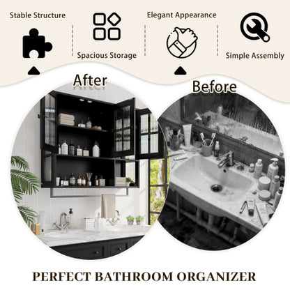 Bathroom Wall Cabinet, 3-Door Wooden Wall Cabinet with Open and Hidden Storage Space, Medicine Cabinet with Glass Door and Towel Bar for Entryway Living Room Bathroom Dining Room,Black