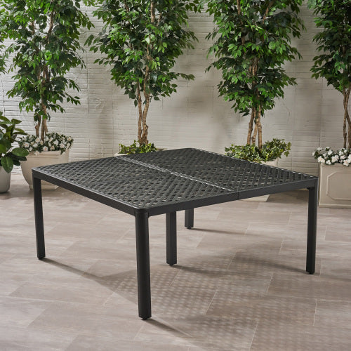Outdoor Modern Aluminum Dining Table with Woven Accents, Antique Matte Black