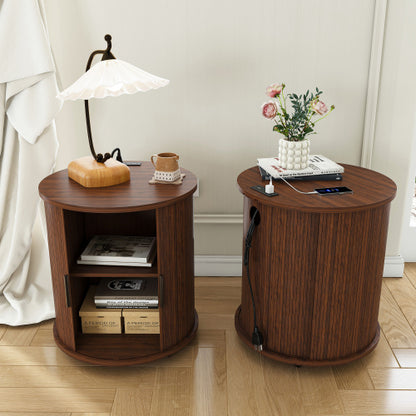 Walnut Cylinder Nightstand, Mid-Century Round Side Table with Charging Station & Sliding Door
