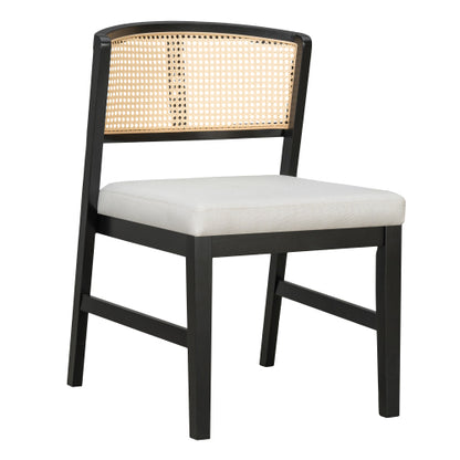 Set of 2 Rattan Dining Chairs with Upholstered Seat, Curved Rattan Back and Rubber Wood Frame, Black