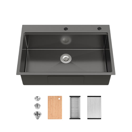 Stainless Steel Kitchen Sink, 33″x22″ Single Bowl, Overmount Handmade Sink in Black, with Cutting Board, Colander