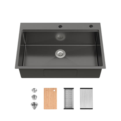 Stainless Steel Kitchen Sink, 33″x22″ Single Bowl, Overmount Handmade Sink in Black, with Cutting Board, Colander