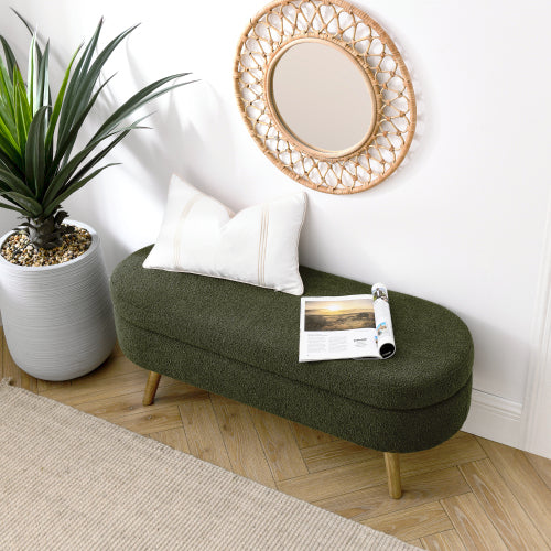Ottoman Oval Storage Bench,Rubber Wood Legs, Green(43.5inch x16inch x16inch )