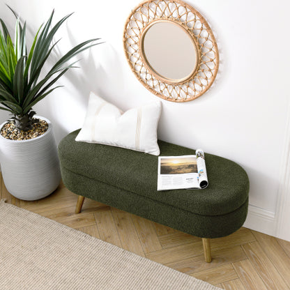 Ottoman Oval Storage Bench,Rubber Wood Legs, Green(43.5inch x16inch x16inch )