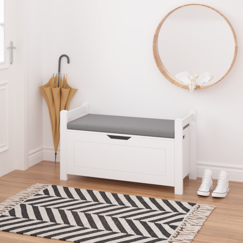 Kids Toy Box Chest, White Toy Box for Boys Girls, Large Storage Cabinet with Cushion Seat Bench/Flip-Top Lid/Safety Hinge, Toy Storage Organizer Trunk for Nursery, Playroom