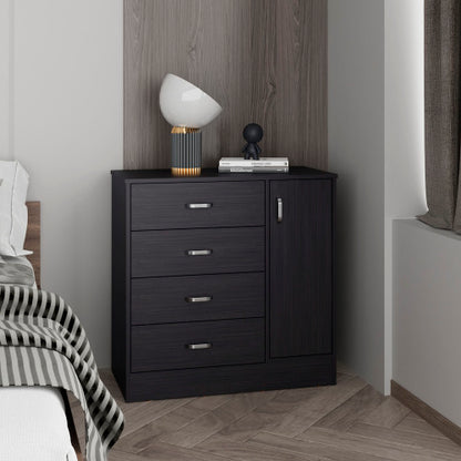 Four Drawer, One Door Dresser With Spacious Storage, Modern Bedroom Organizer, Black
