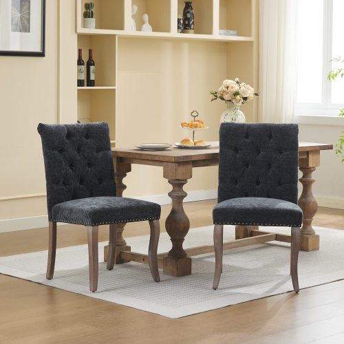 Upholstered Chenille Dining Chair Set of 2, Tufted Accent Chair with Curved Solid Wood Legs, Black