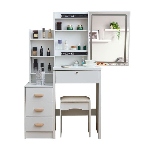 White Modern Vanity Set with LED Mirror, Cushioned Stool, Sliding Glass Door, 3 Lighting Modes, Bedroom Dressing Table