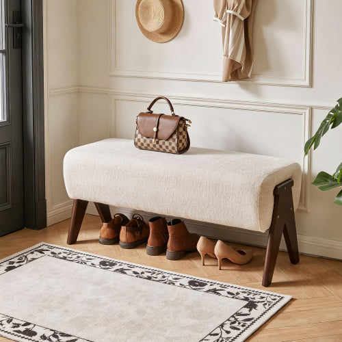 Cream Chenille Upholstered Ottoman Bench, Solid Wood V-Shaped Leg Entryway Shoe Bench for Bedroom & Foyer
