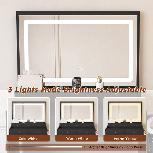 Black Modern Vanity Desk Set, Extra Large 30.3 inch *19.3 inch  LED Mirror, 5 Drawers, Power Outlet & Hair Dryer Holder