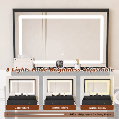 Black Modern Vanity Desk Set, Extra Large 30.3 inch *19.3 inch  LED Mirror, 5 Drawers, Power Outlet & Hair Dryer Holder