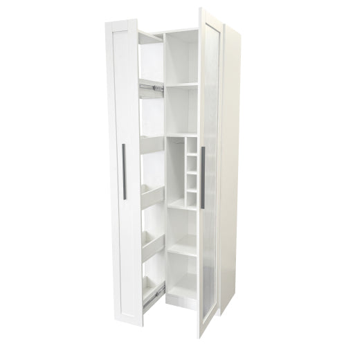 Kitchen Pantry Cabinet with Multi-Functional Pull-Out Multi-Tier Storage Shelf and Glass Doors