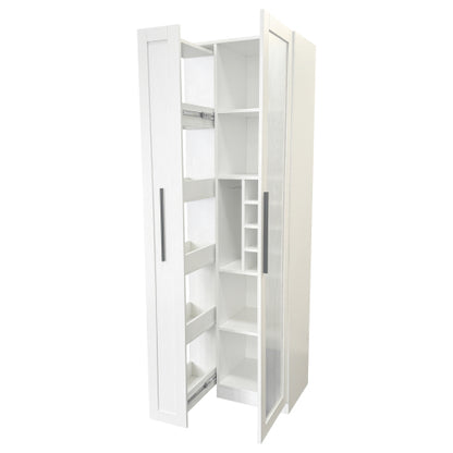 Kitchen Pantry Cabinet with Multi-Functional Pull-Out Multi-Tier Storage Shelf and Glass Doors