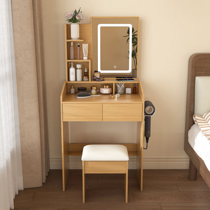 Vanity Table with LED-Illuminated Mirror, Power Outlet, Hairdryer Holder & Stool ¨C Compact Dressing Desk for Small Bedrooms(Wood)