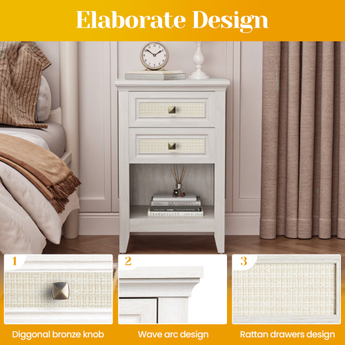 Set of 2 Rattan Nightstands with Drawer, 27-Inch Tall Boho Bedside Table with Storage Shelf