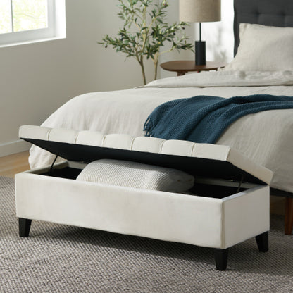 51 inch Beige Diamond Tufted Storage Ottoman Bench, Soft Close Pressure Hinge Upholstered Entryway Footrest